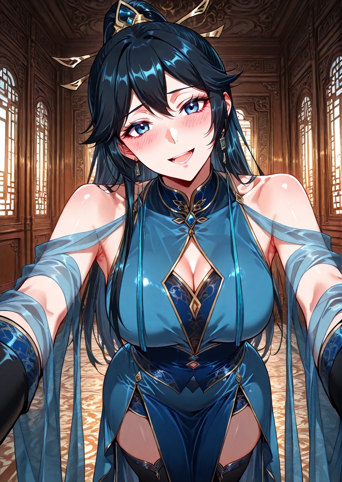 anime woman, deep luminous indigo eyes, wears a regal, flowing sari in rich hues of gold and deep crimson, patterns inspired by lotus blossoms and celestial symbols. Jeweled accessories accentuate her divine presence, and a delicate bindi on her forehead signifies spiritual wisdom. hair is sapphire blue at the roots to a vibrant crimson red towards the tips. hair cascades down in elegant waves, Intricate braids, she is smiling like a yandere, voluptuous body, alluring, perfect face, perfect body. Solo