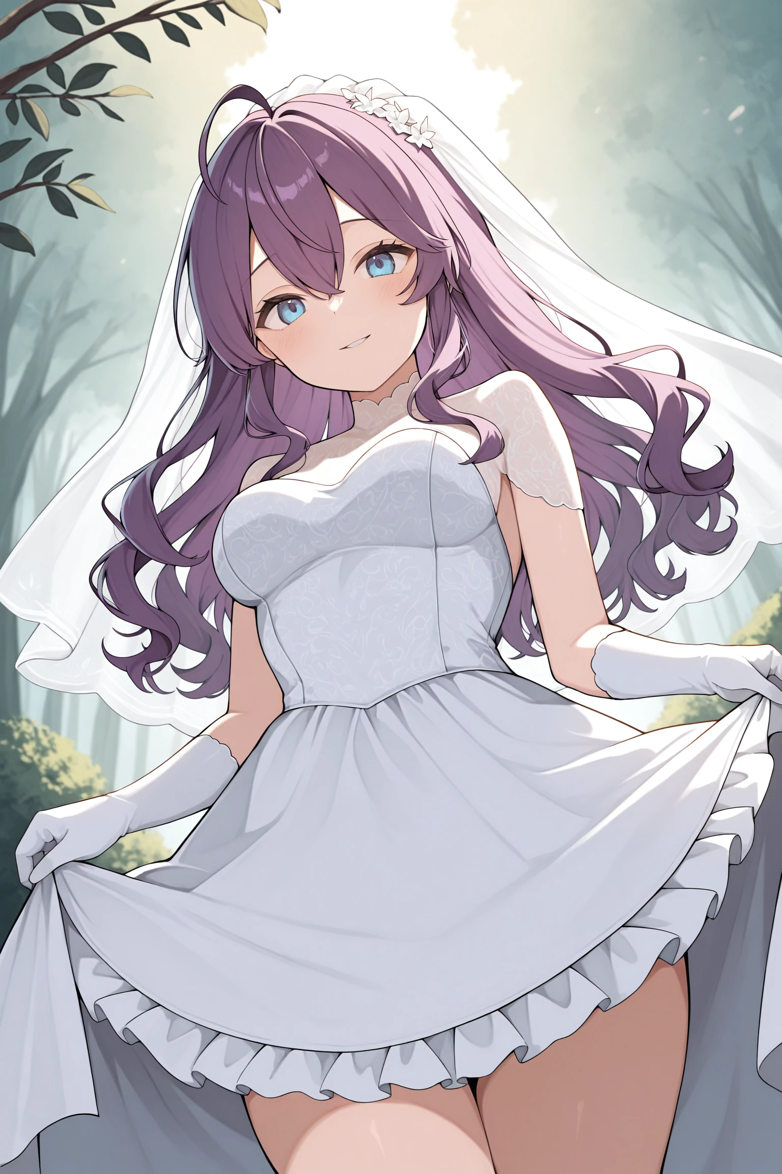 masterpiece, best quality, very aesthetic, kayarinha, solo, outdoors, nature, bridal veil, purple hair, ahoge, hair between eyes, wavy hair, long hair, blue eyes, medium breasts, wedding dress, white dress, white gloves, frilled skirt, smile, closed mouth, parted lips, <lora:Kaya-Rinha:0.7>