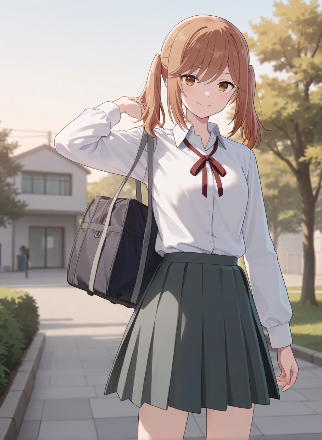 High quality,Ultra detailed,best quality,insanely detailed,beautiful,masterpiece,absurdres,very aesthetic,sensitive BREAK
<lora:natsue_an_V1_IL:1>,(natsue an, hana ha saku syura no gotoku, brown hair, twintails, long hair, brown eyes,small breasts),(school uniform, collared shirt, long sleeves, grey skirt, pleated skirt, white shirt, black socks,neck ribbon ),1girl,solo,smile,outdoors,school,standing,looking at viewer,posing,school bag,