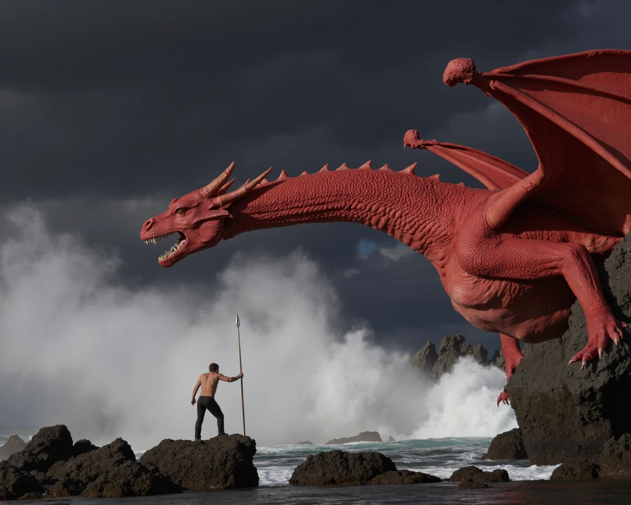 very dark photo, hyper detailed, (1Fighter throwing spear at dragon:1.5), (red dragon:1.5), majestic, awesome, inspiring, Capture the battle between the hero and the colossal dragon, epic battle amidst mist spay and lightening blasts. The forces clash on the craggy seashore. cinematic composition, soft shadows, (real skin, textured skin, intricately detailed eyes:1.3), (high saturation:1.2), (high contrast:1.1), (subsurface scattering:0.9), (depth of field:1.2), (by Larry Elmore:1.5)