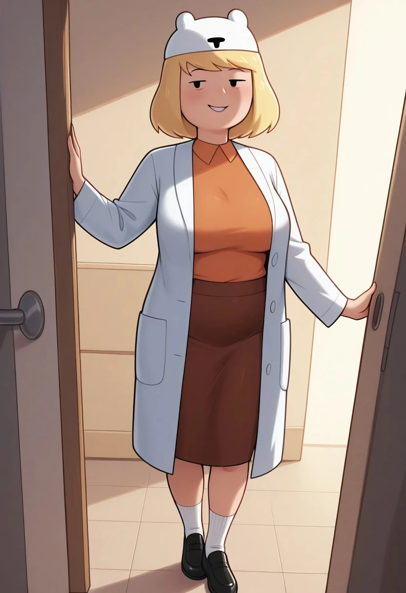 minervacampbellILL, 1girl, solo, mature female, blonde hair, dot pupils, eyebags, white hat, short hair, labcoat, teel collared shirt, skirt, socks, black footwear, masterpiece, best quality, newest, absurdres, highres, amazing quality, 4k, good lighting, high resolution, dynamic angle, foreshortening, eyes half closed, smile, glossy skin,