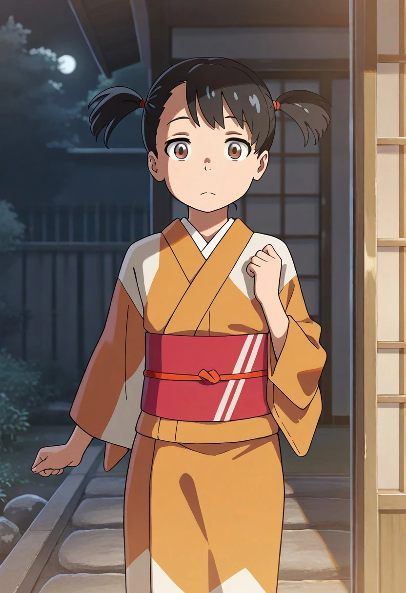 masterpiece,best quality,amazing quality, miyamizu yotsuha, black hair, brown eyes, short twintails, 1girl, japanese clothes, solo, kimono, twintails, short hair, night, yellow kimono, looking at viewer