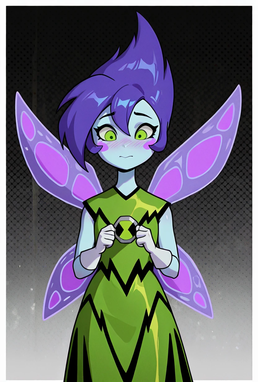 <lora:peskydust-09:1> peskydust, blue skin, fairy wings, blush stickers, 1girl, white gloves, green eyes, green dress, purple hair,, masterpiece, best quality, amazing quality, very aesthetic, absurdres, newest,, upper body, halftone effect, white borders, abstract background:1.2,