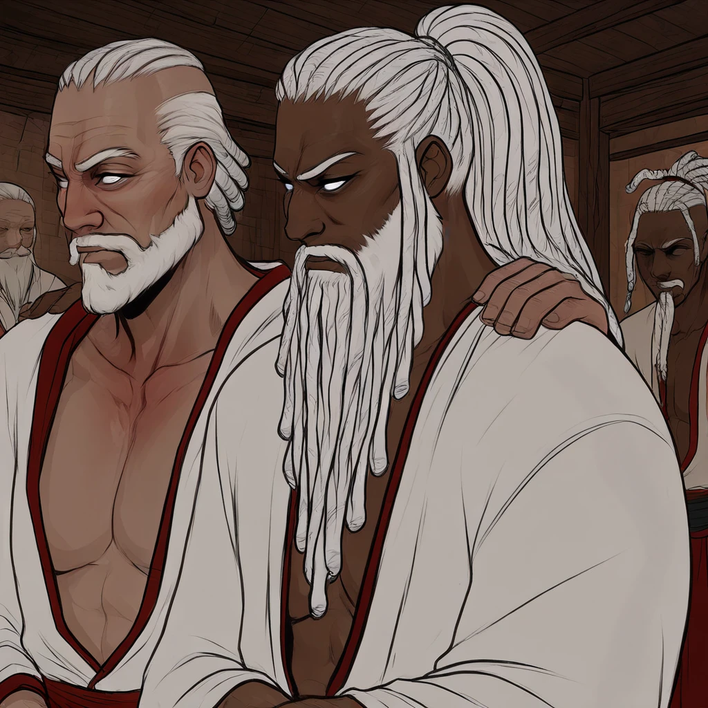 masterpiece, best quality, newest, absurdres, highres, cherry-gig, 1boy, DLPT-V1.0, dreadlocks, ponytail, tied hair, 1boy, dark skin, dark skinned male, white hair, long beard, long hair, monk, white robe, white eyes, blind eyes, wrinkles, wrinkled face, wrinkled, wrikly, old, mature, old man