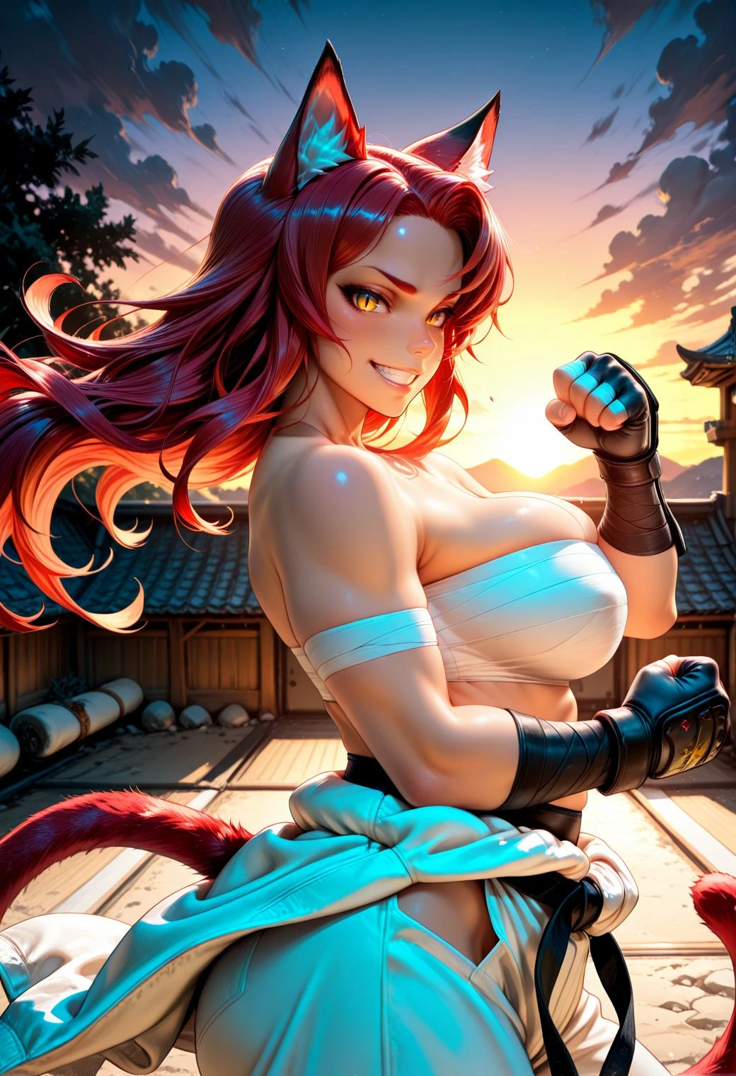 SmoothNoob_Quality, (nuezou:1.3), 1girl, solo, mature, cat girl, cat tail, slit pupils, long red hair, floating hair, karate gi, clothes around waist, bandaged arm, sarashi, standing, from side, clenched hand, grin, from side, twilight, fighting stance, looking at viewer, <lora:Smooth_Booster:0.5> <lora:SLE_v2:0.25>