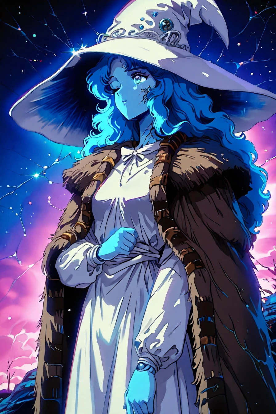 <lora:Ranni_illusXLNoobAI_Incrs_v1:0.4> RnnDef, blue eyes, one eye closed, blue hair, wavy hair, blue skin, colored skin, cracked skin, doll joints, witch hat, large hat, white headwear, white dress, long sleeves, fur cloak, brown cloak,1girl, solo, alone, <lora:retro_celestial_scifi-000029:1>, retro_celestial_scifi, retro artstyle, masterpiece, highres