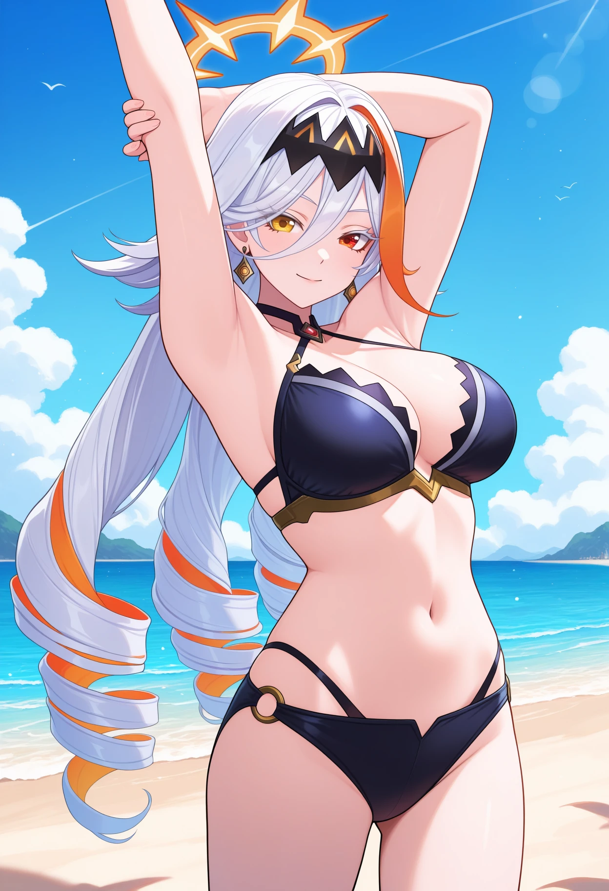 1girl, <lora:BaldrFEHv2-IL:1> baldrFeh.
an illustration of a girl stretching. she is at the beach. we are looking at her from below.
long hair, drill hair, white hair, streaked hair, heterochromia, orange halo, black headpiece, earrings,
bikini,
cowboy shot,
stretching, arm up, holding own arm, smile, looking at viewer, 
beach,
masterpiece, perfect quality, best quality, absolutely eye-catching,