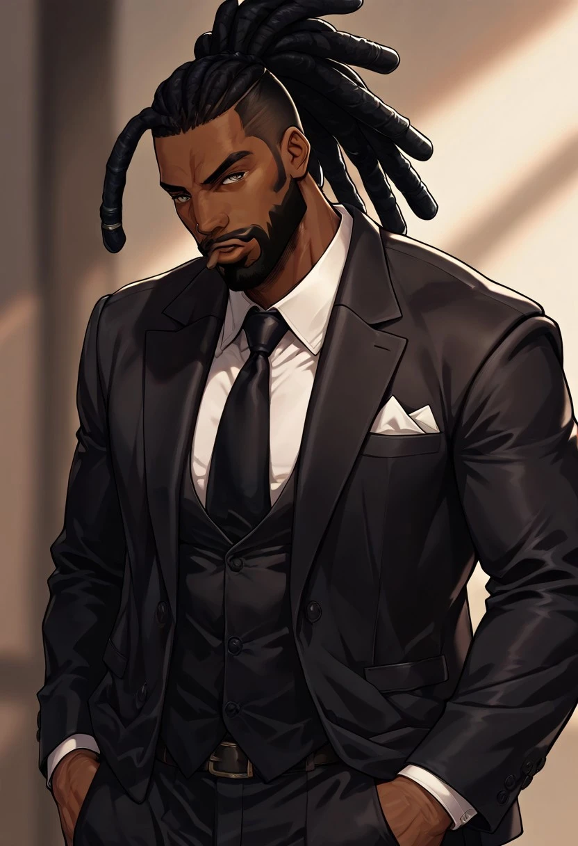 masterpiece, best quality, newest, absurdres, highres, FCMXV1.0, 1boy, DLPT-V1.0, dreadlocks, ponytail, tied hair, solo, male focus, dark-skinned male, suit, black hair, beard, facial hair,