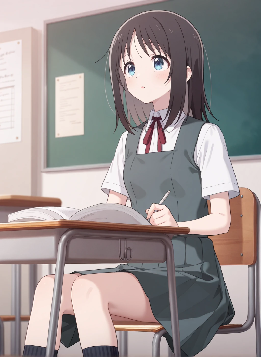 High quality,Ultra detailed,best quality,insanely detailed,beautiful,masterpiece,absurdres,very aesthetic,sensitive BREAK
<lora:haruyama_hana_V1_IL:1>,(haruyama hana, hana ha saku syura no gotoku, black hair, medium hair, blue eyes),(school uniform,summer uniform, white shirt, pleated skirt, collared shirt, neck ribbon, grey vest, short sleeves, grey skirt,black socks),1girl,solo,indoors,school,classroom,sitting_on_chair,posing,school desk,school chair,