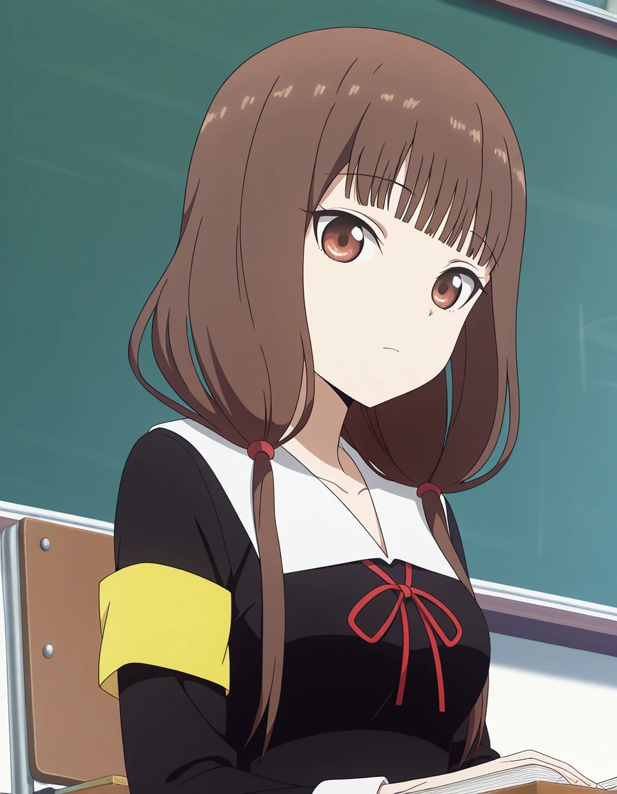 masterpiece, best quality, amazing quality,, <lora:miko-iino-s3-illustriousxl-lora-nochekaiser:1>, miko iino, iino miko, blunt bangs, brown eyes, brown hair, hair tie, long hair, low twintails, red ribbon, ribbon, twintails, mature female, , anime screencap, long sleeves, dress, ribbon, school uniform, collarbone, black dress, sailor collar, white sailor collar, red ribbon, neck ribbon, shuuchiin academy school uniform, armband,, from below, classroom, chalkboard, daytime, studying, sitting, chair, desk, cowboy shot, solo, looking at viewer