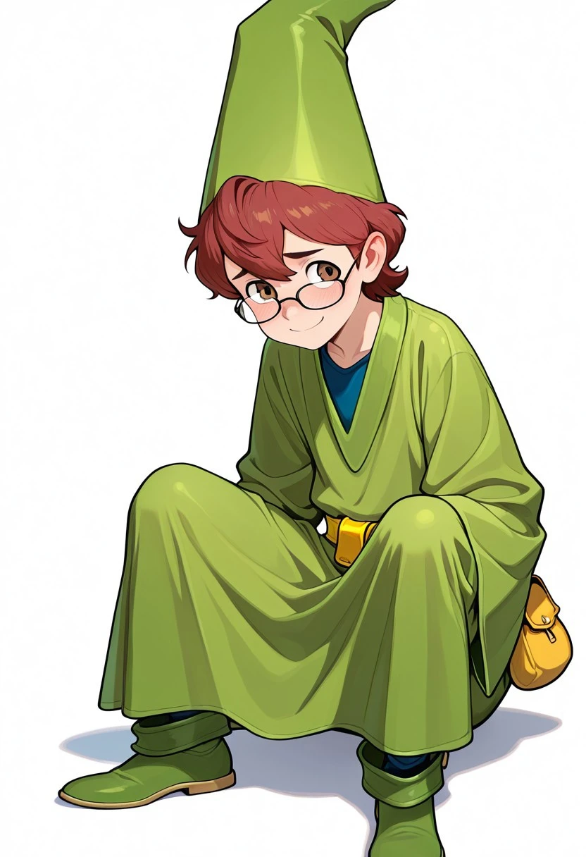 Masterpiece, absurdres, best art, 1boy, solo, male focus, cute boy, Prestothemagician, Red Hair, Brown Eyes, Glasses, Green Robes, Blue Undershirt, Yellow Sash Belt, Pouch, Green Shoes, Green Wizard Hat, white background, shy smile, green headwear, wearing hat