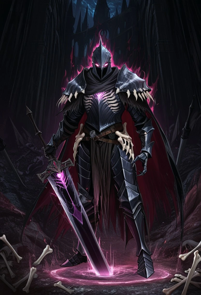 MASTERPIECE, AMAZING QUALITY, 3NDL3SS, DARK KNIGHT, BONE ARMOR, FANTASY, GREATSWORD, GLOWING EYES, DARK MAGIC
