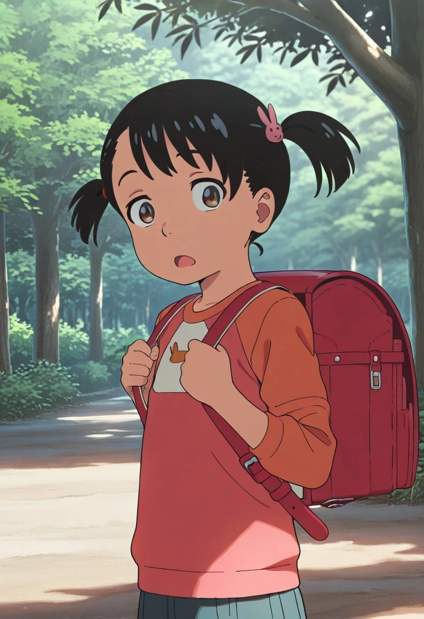 masterpiece,best quality,amazing quality, miyamizu yotsuha, black hair, brown eyes, short twintails, 1girl, backpack, bag, solo, twintails, randoseru, hair ornament, outdoors, open mouth, tree, rabbit hair ornament