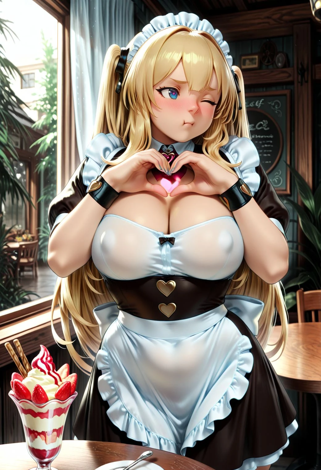 SmoothNoob_Quality, (houtengeki:1.3), 1girl, solo, very long hair, two side up, maid headress, maid dress, heart hands, nail polish, one eye closed, cute, pout, looking to the side, full-face blush, embarrassed, cafe, table, spoon, parfait, standing, serene, scenery, indoors, cafe, windows, curtains, wind, pov across table, <lora:Smooth_Booster:0.5> <lora:SLE_v2:0.25>