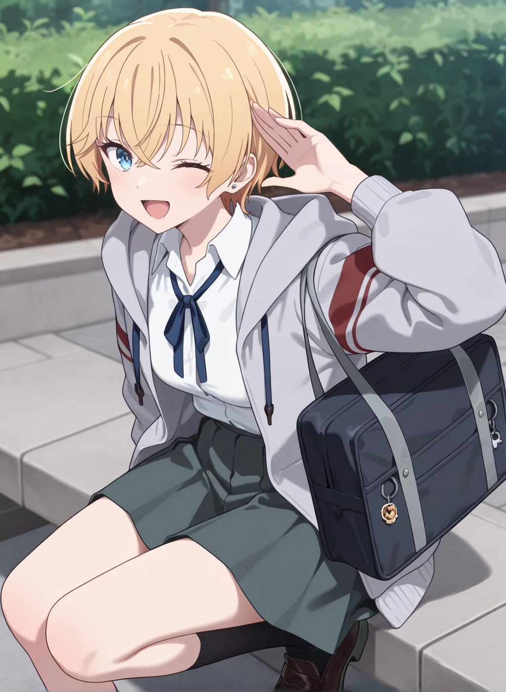 High quality,Ultra detailed,best quality,insanely detailed,beautiful,masterpiece,absurdres,very aesthetic,sensitive BREAK
<lora:usurai_mizuki_V1_IL:1>,(usurai mizuki, hana ha saku syura no gotoku, short hair, blonde hair, blue eyes),(school uniform, collared shirt, long sleeves, grey skirt, pleated skirt, grey jacket, white shirt, hood,black socks, neck ribbon),1girl,solo,;d,outdoors,school,looking at viewer,posing,school bag,