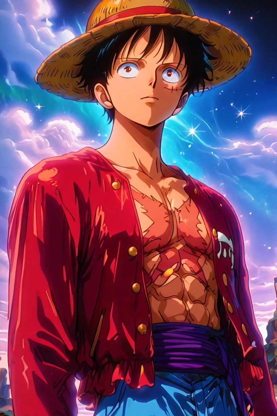 <lora:LUFFY_pony_XL:0.6>, Luffy, red jacket, scar on chest, straw hat, black hair, 1boy, solo, alone, looking at the viewer, <lora:retro_celestial_scifi-000029:1>, retro_celestial_scifi, retro artstyle, masterpiece, highres