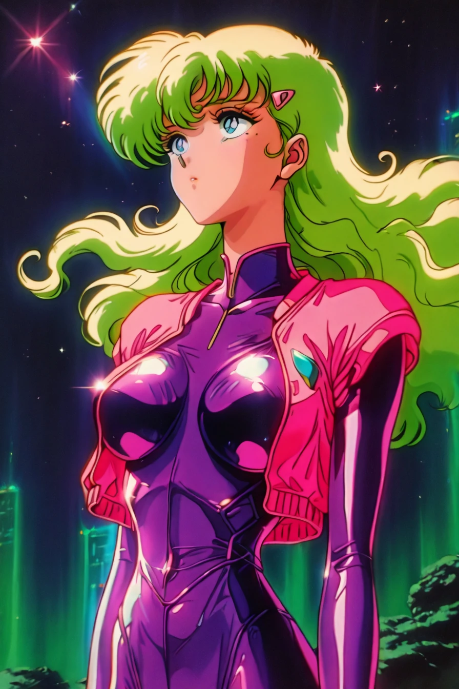 fuurinji miu, blonde hair, long hair, blue eyes, mole under right eyes, slim waist, large breast, pink jacket, purple bodysuit, hairclip, 1girl, solo, alone, <lora:retro_celestial_scifi-000029:1>, retro_celestial_scifi, retro artstyle, masterpiece, highres