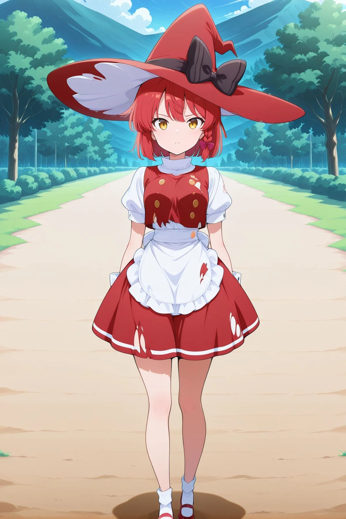 absurdres, highres, masterpiece, best quality, amazing quality, official anime artwork, screencap, anime screencap, outdoors, looking at viewer, light smile, dynamic pose, standing,
<lora:Marisa-Kirisame-PC98_Illustrious:1> Marisa98, 1girl, solo, red eyes, red hair hair, short hair, small breasts,,
<lora:Marisa-Kirisame_IllustriousV2:1> witch hat, red hat, hair ribbon, red ribbon, black bow, hat bow, white shirt, short sleeves, puffy sleeves, red vest, torn vest, buttons, white wrist cuffs, waist apron, red skirt, socks, red mary janes, red boots, serious,