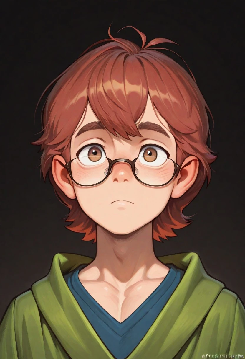 Masterpiece, absurdres, best art, 1boy, solo, male focus, cute boy, Prestothemagician, Red Hair, Brown Eyes, Glasses, Green Robes, Blue Undershirt, portrait