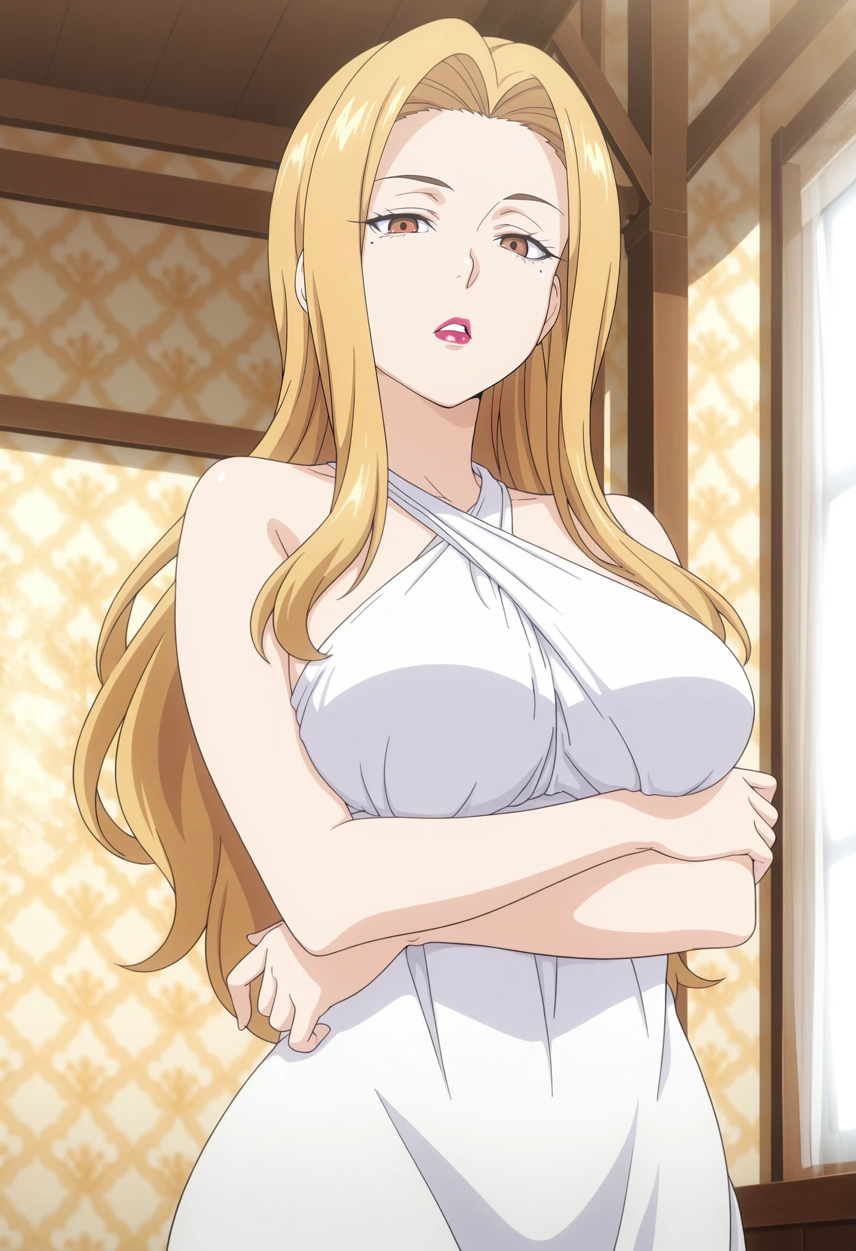 helena, long hair, mature female, makeup, eyelashes, blush, lipstick, Hot girl, baddie, staring, glaring, bad attitude, mean girl, dare, angry, hate, crazy, smoking, sensual, attractive, masterpiece, best quality, highly detailed, a anime girls in kimono dress with a sword posing for a
picture, bare shoulder,open kimono, evil smile, open mouth, crop top , (nsfw) not safe for work, smile,
ecchi anime style, anime girls, ecchi style, ecchi, digital anime art!!, in anime style, official artwork, visual
novel cg, beautiful anime girl, anime style 4 k, kimono pencil skirt, exposed belly, exposed navel,
exposed midriff, exposed lower belly, outdoor, japanese architecture, temple