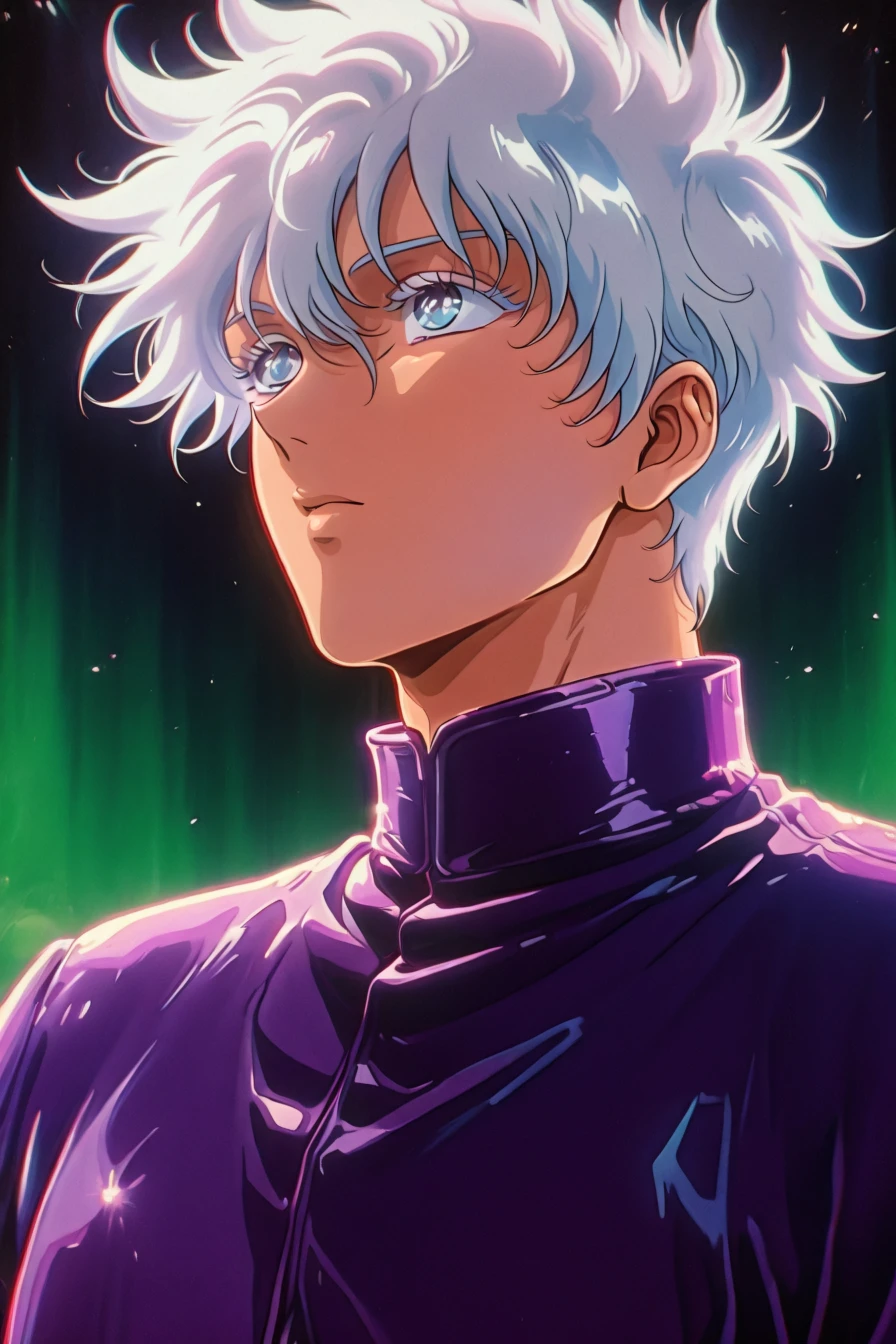 gojou satoru, white hair, purple pants, high collar, blue eyes, purple jacket, close-up, 1boy, solo, alone, <lora:retro_celestial_scifi-000029:1>, retro_celestial_scifi, retro artstyle, masterpiece, highres