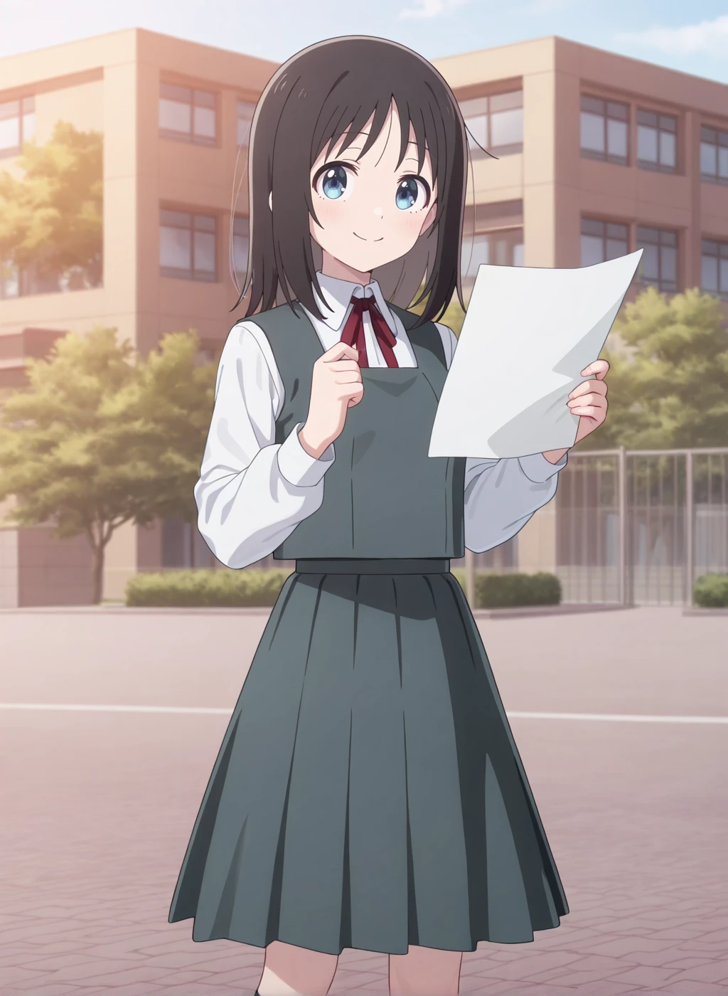 High quality,Ultra detailed,best quality,insanely detailed,beautiful,masterpiece,absurdres,very aesthetic,sensitive BREAK
<lora:haruyama_hana_V1_IL:1>,(haruyama hana, hana ha saku syura no gotoku, black hair, medium hair, blue eyes),(school uniform, white shirt, pleated skirt, collared shirt, neck ribbon, grey vest, long sleeves, grey skirt,black socks),1girl,solo,smile,outdoors,school,standing,looking at viewer,holding paper,posing,