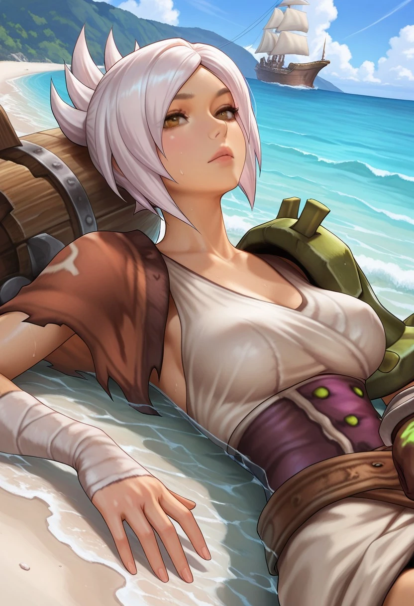 Melhor qualidade, super detalhe, obra de arte, Ultra HD, 8k, 1 garota, concentre-se na garota, seminua, underwear, calcinha molhada, calcinha pegajosa, Bikini, Kayle, League of Legends, look sexy, calcinha curta, na praia.