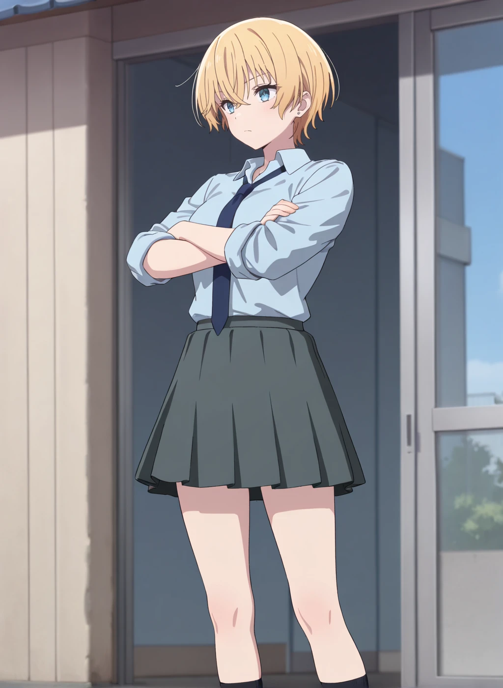 High quality,Ultra detailed,best quality,insanely detailed,beautiful,masterpiece,absurdres,very aesthetic,sensitive BREAK
<lora:usurai_mizuki_V1_IL:1>,(usurai mizuki, hana ha saku syura no gotoku, short hair, blonde hair, blue eyes),(school uniform,summer uniform, collared shirt, long sleeves, grey skirt, pleated skirt, blue shirt, sleeves rolled up,black socks, necktie, ),1girl,solo,outdoors,school,standing,posing,thinking,arms_crossed,