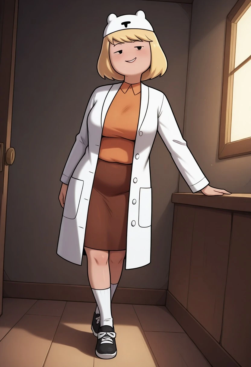 minervacampbellILL, 1girl, solo, mature female, blonde hair, dot pupils, eyebags, white hat, short hair, labcoat, teel collared shirt, skirt, socks, black footwear, masterpiece, best quality, newest, absurdres, highres, amazing quality, 4k, good lighting, high resolution, dynamic angle, foreshortening, eyes half closed, smile, glossy skin,