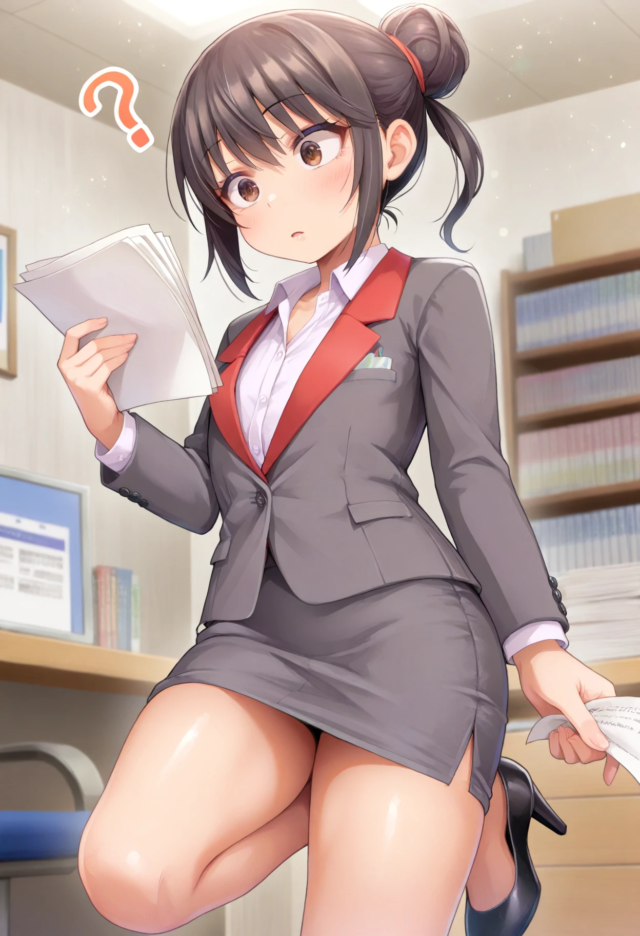 masterpiece, best quality, amazing quality, absurdres, very aesthetic, very awa, indoors, office, solo, <lora:narashika_vpred:1> 1boy, crossdressing, otoko no ko, office lady, black hair, single bun, brown eyes, suit jacket, dress shirt, pencil skirt, high heels, holding papers, looking at paper, ?, standing