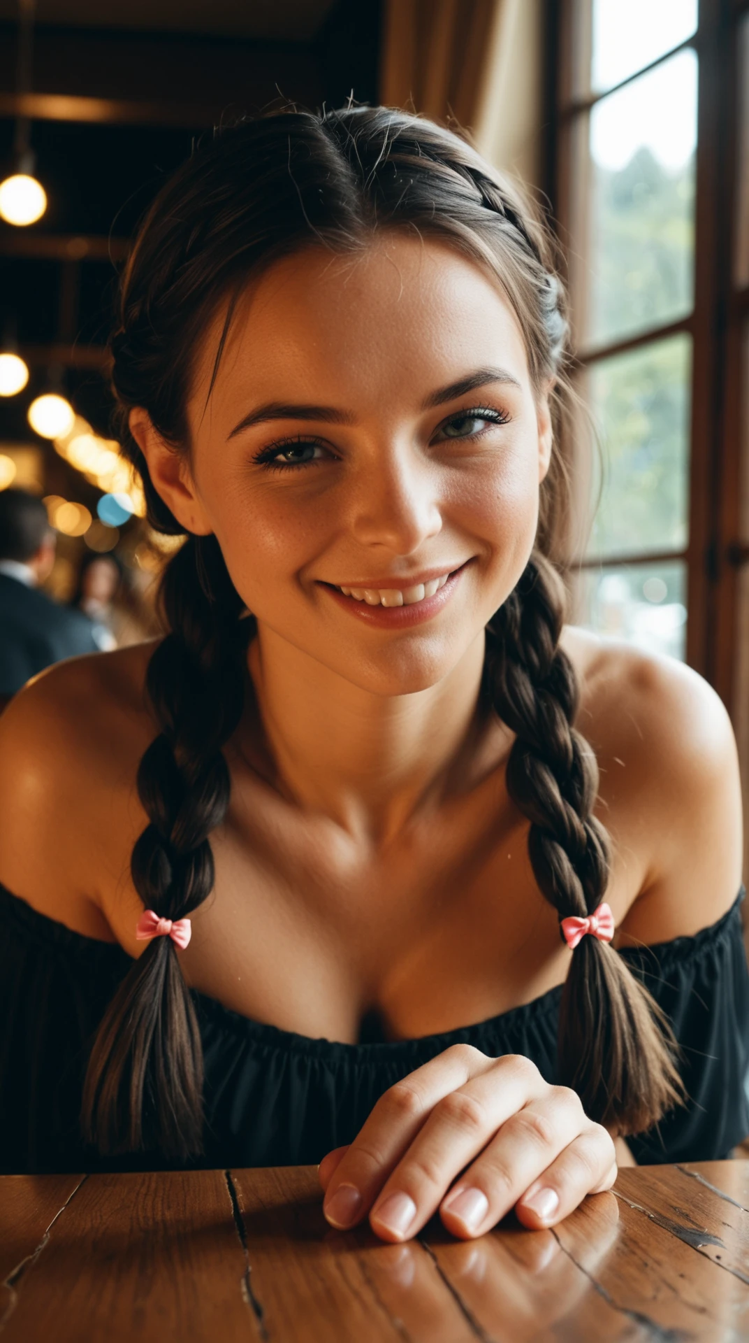 (Volumetric lighting, depth of field, cinematic, vibrant, dynamic lighting, dramatic light. Atmospheric effects:1.3), bokeh. A professional (closeup:1.3) photography of a sexy adult () woman, with dark hair  and a Double Dutch Braids hairstyle, , face focus, high socksãminiskirtãA cute bow, beautiful woman, sisters, smile, winking, , bistro table by a window