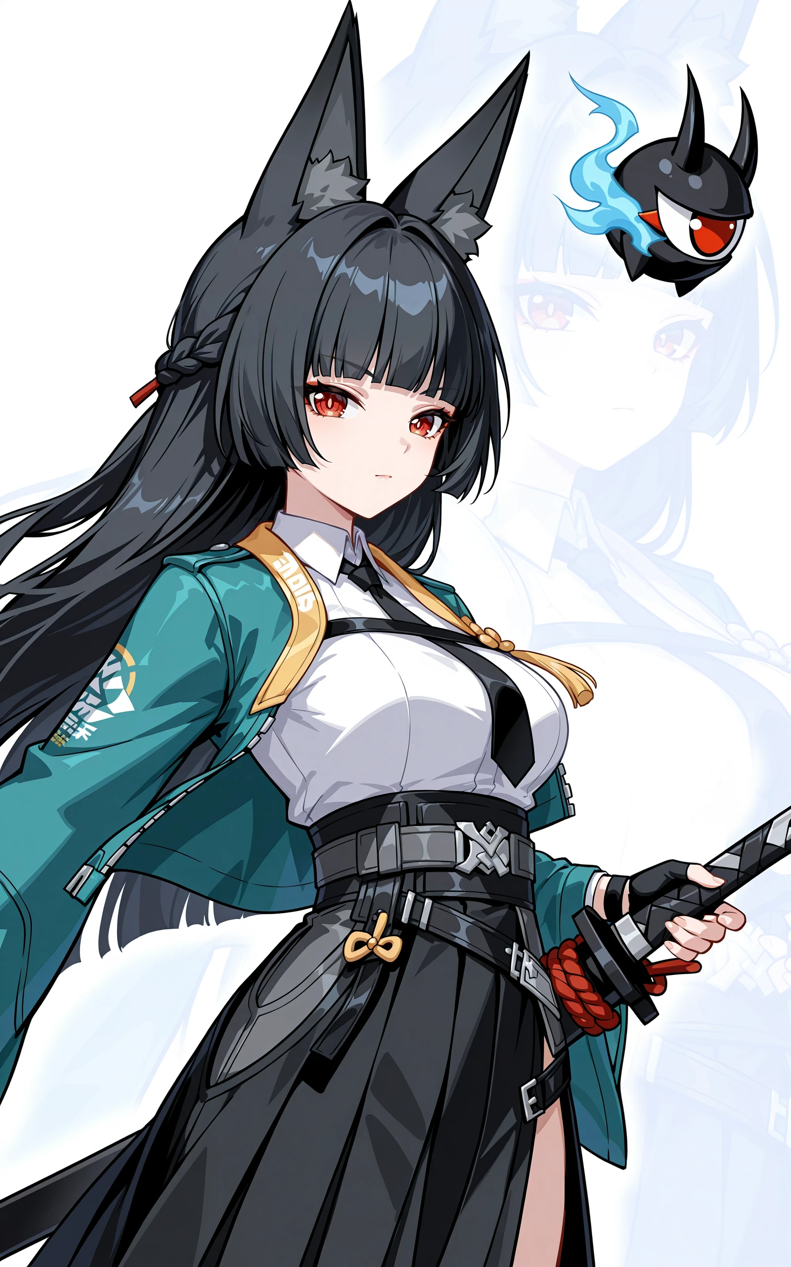 <lora:xl-ill-Miyabi Hoshimi(zenless zone zero)_v1-000008:0.6>,
Miyabi Hoshimi\(zenless zone zero\),1girl,red eyes,sword,weapon,animal ears,black hair,long hair,fox ears,holding,holding sword,katana,holding weapon,skirt,gloves,sheath,black gloves,solo,black skirt,japanese clothes,fox girl,closed mouth,white shirt,looking at viewer,fingerless gloves,belt,braid,blunt bangs,shirt,black silk,
<lora:a40-Honkai Impact 3rd style-v1-20:0.5>,honkai impact 3rd style,zoom layer,
