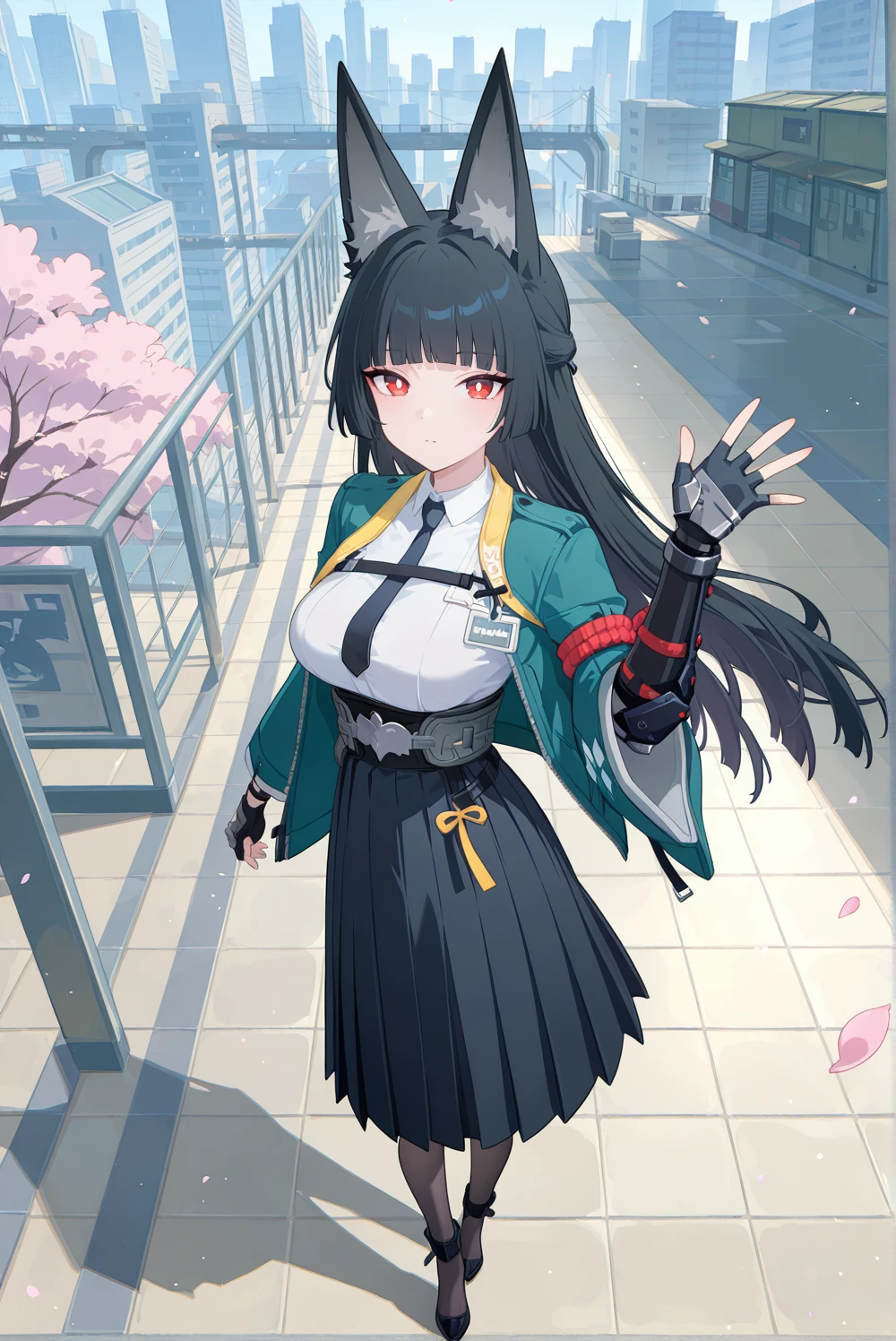 masterpiece, best quality, amazing quality, very aesthetic, absurdres, newest, scenery, best quality, anime coloring, (detailed eyes:1.2), scenery, backlight, moody lighting, h-miyabi, miya-suit, 1girl, red eyes, white pupils, bright pupils, black hair, long hair, bangs, fox ears, green jacket, chest strap, id card, collared shirt, white shirt, necktie, high-waist skirt, black skirt, long skirt, belt, pantyhose, armored gauntlet, fingerless glove, black glove, heels, standing, from above, full body, cherry blossoms, falling petals, shiny skin, light particles, dynamic pose, heatedly, chinese city background, ((waving her hand)), looking at viewer