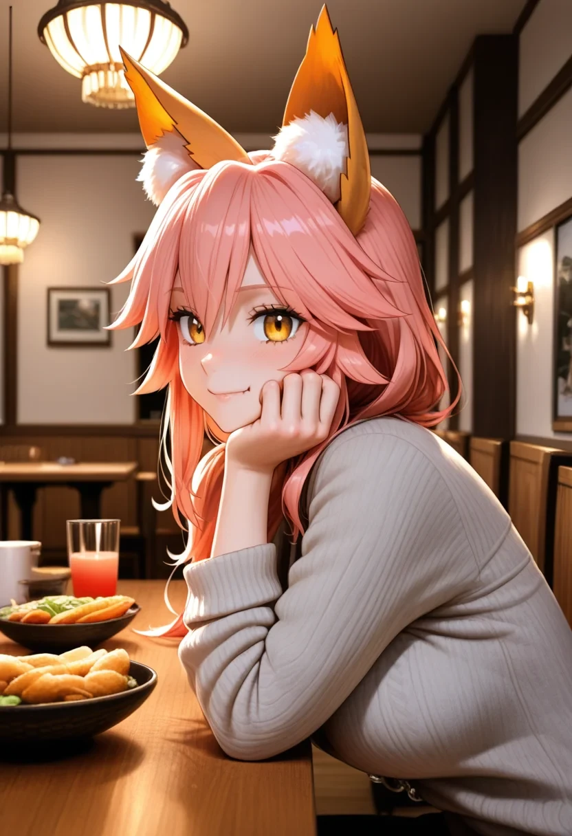 <lora:touching_grass_v0.2:0.8>1girl,tamamo \(fate\),from side,wooden table,masterpiece,hand on own cheek,looking at viewer,food on table,candle,restaurant,