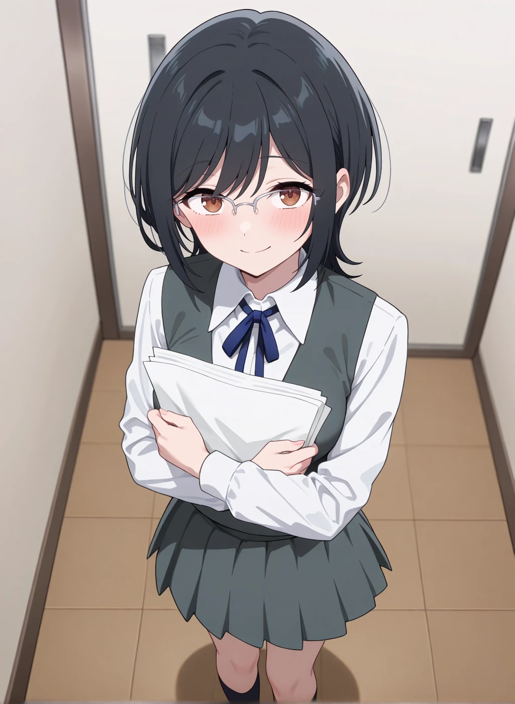 High quality,Ultra detailed,best quality,insanely detailed,beautiful,masterpiece,absurdres,very aesthetic,sensitive BREAK
<lora:totonoi_ryouko_V1_IL:1>,(totonoi ryouko, hana ha saku syura no gotoku, black hair, short hair, brown eyes, over-rim eyewear),(school uniform,grey skirt,grey vest,collared shirt,long sleeves,blue ribbon,black socks),1girl,solo,blush,indoors,school,standing,looking at viewer,holding paper,crazy_smile,