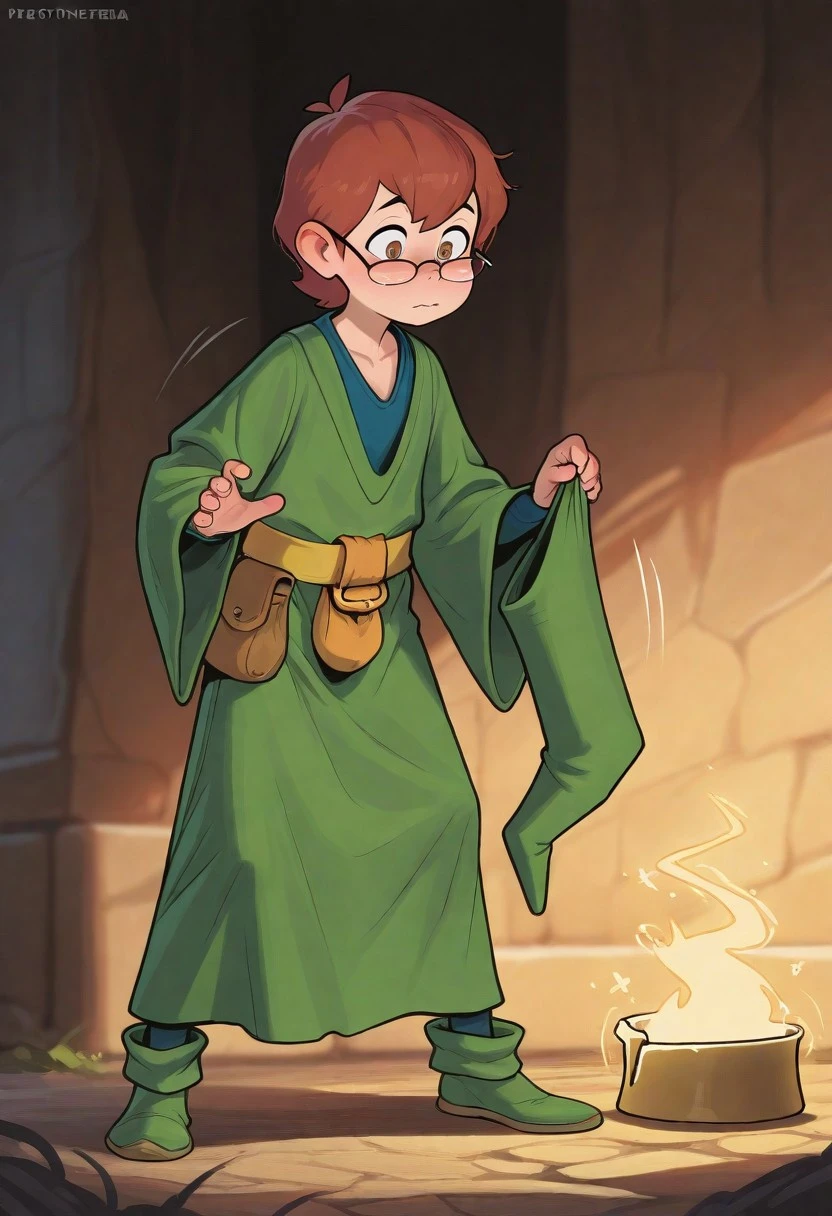 masterpiece, best quality, amazing quality, 1boy, cute boy, solo, male focus, Prestothemagician, Red Hair, Brown Eyes, Glasses, Green Robes, Blue Undershirt, Yellow Sash Belt, Pouch, Green Shoes, Green Wizard Hat, Hat Removed, Holding Hat, magic