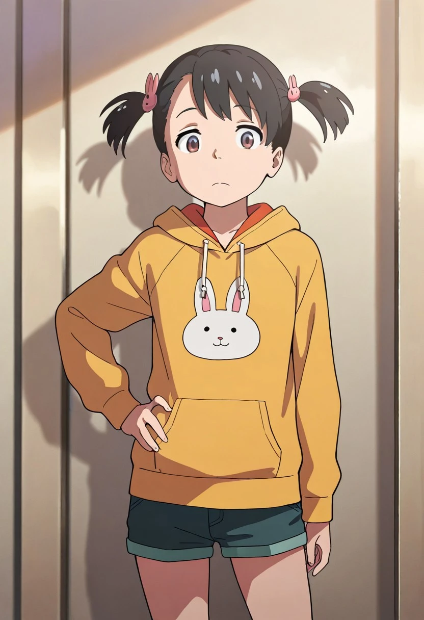 masterpiece,best quality,amazing quality, miyamizu yotsuha, black hair, brown eyes, short twintails, 1girl, twintails, solo, shorts, hair ornament, hoodie, hood, hand on hip, yellow hoodie, short hair, standing, rabbit hair ornament