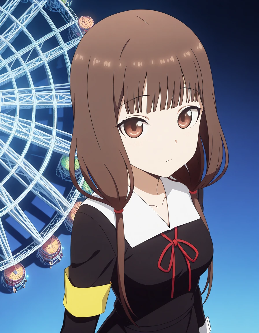 masterpiece, best quality, amazing quality,, <lora:miko-iino-s3-illustriousxl-lora-nochekaiser:1>, miko iino, iino miko, blunt bangs, brown eyes, brown hair, hair tie, long hair, low twintails, red ribbon, ribbon, twintails, mature female, , anime screencap, long sleeves, dress, ribbon, school uniform, collarbone, black dress, sailor collar, white sailor collar, red ribbon, neck ribbon, shuuchiin academy school uniform, armband,, from above,, ferris wheel, lights, high, view, rotating, cowboy shot, solo, looking at viewer