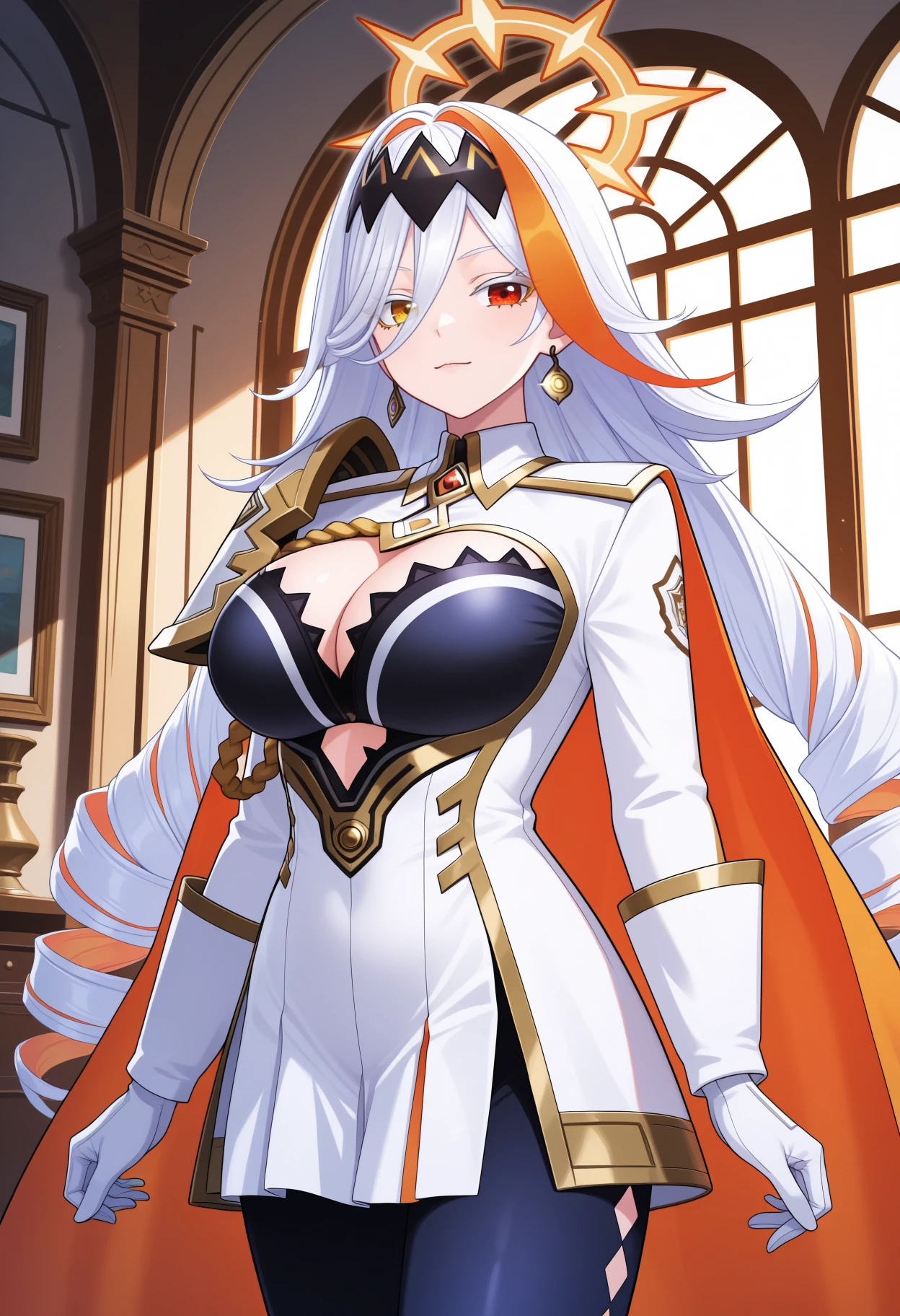 1girl, <lora:BaldrFEHv2-IL:1> baldrFeh.
an illustration of a girl. she is standing. she is indoors.
<lora:BaldrFEHv2-IL:1> baldrFeh, long hair, drill hair, white hair, streaked hair, heterochromia, orange halo, black headpiece, earrings,
white dress, aiguillette, cleavage cutout, center opening, blue undershirt, single shoulder pad, cape, white gloves, blue legwear, diamond cutout, white high heel boots, gold trim,
cowboy shot,
indoors,
masterpiece, perfect quality, best quality, absolutely eye-catching,