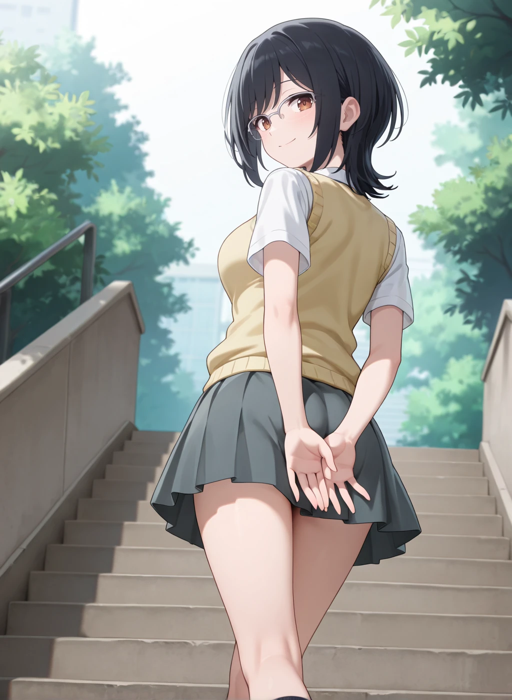 High quality,Ultra detailed,best quality,insanely detailed,beautiful,masterpiece,absurdres,very aesthetic,sensitive BREAK
<lora:totonoi_ryouko_V1_IL:1>,(totonoi ryouko, hana ha saku syura no gotoku, black hair, short hair, brown eyes, over-rim eyewear),(school uniform,summer uniform,grey skirt,yellow sweater vest,collared shirt,short sleeves,black socks),1girl,solo,smile,outdoors,school,posing,(stairs,walking,from below,from behind,covering ass,looking at viewer,looking back,arms behind back),
