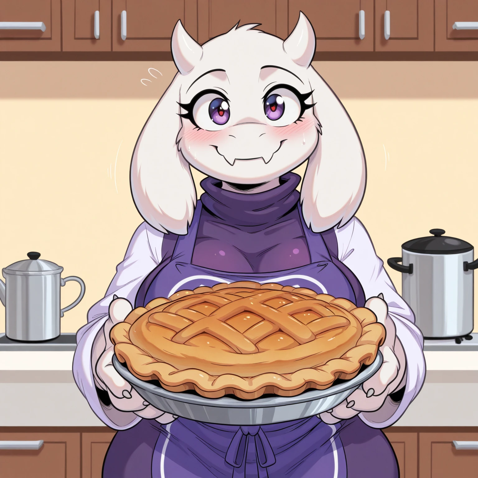 toriel, 1girl, ,book, open_eyes, furry, furry_female, goat_ears, goat_girl,mature female,gigantic huge breasts,fat,Whipped thighs,Females in heat, indoors, standing up,near, smile,A slice of pie on a plate in hand,solo  