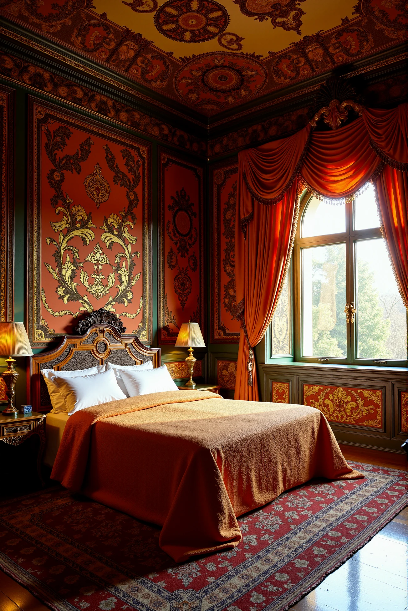 <lora:Ornamental_Patterns:0.6> OrnamentalPatterns style.
A huge, royal bedroom completely covered with ornamental patterns, including the floor, walls, ceiling, blanket and curtains. Late golden hour light filtering through the window adding warmth to the picture.