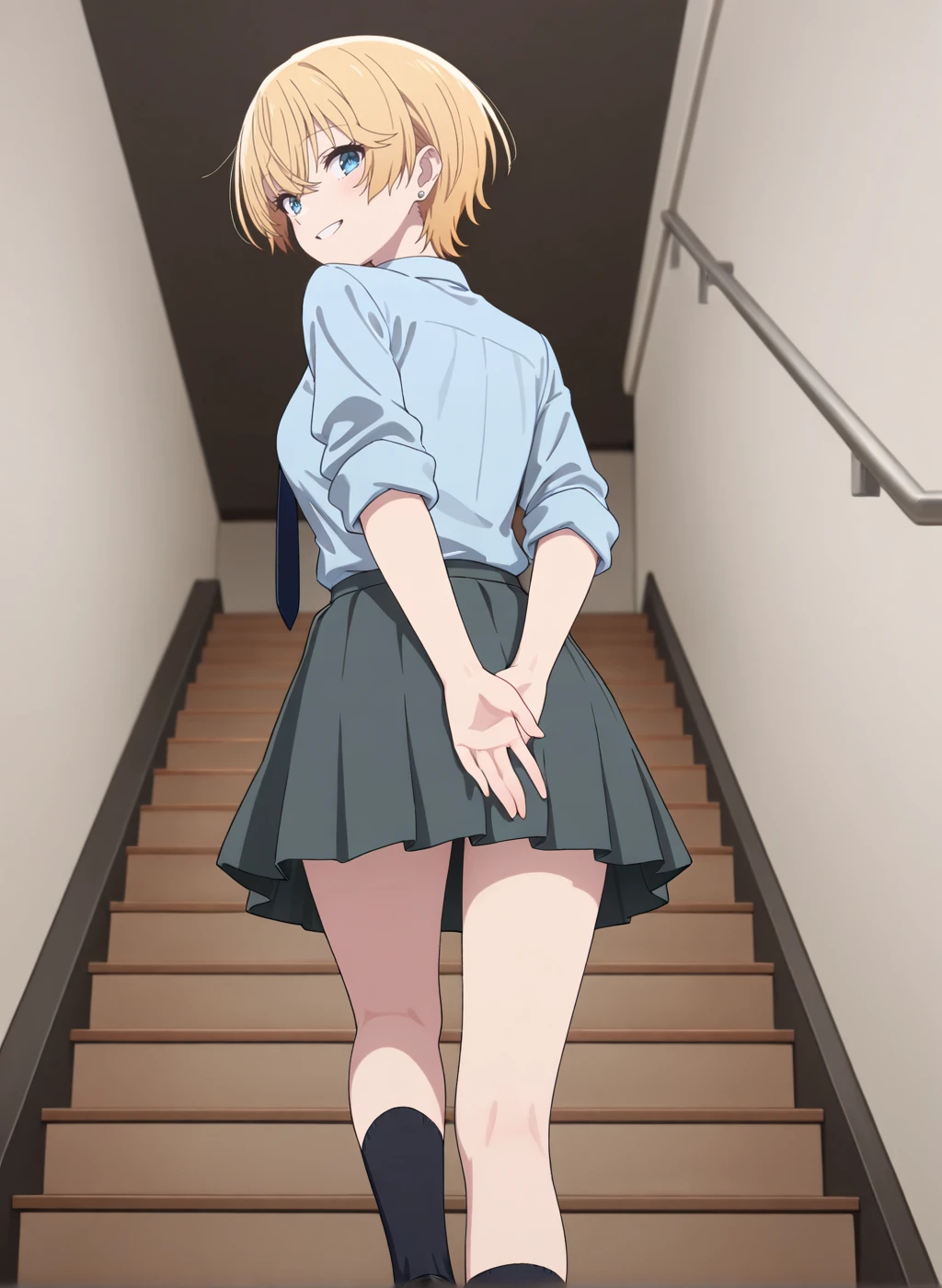 High quality,Ultra detailed,best quality,insanely detailed,beautiful,masterpiece,absurdres,very aesthetic,sensitive BREAK
<lora:usurai_mizuki_V1_IL:1>,(usurai mizuki, hana ha saku syura no gotoku, short hair, blonde hair, blue eyes),(school uniform,summer uniform, collared shirt, long sleeves, grey skirt, pleated skirt, blue shirt, sleeves rolled up,black socks, necktie, ),1girl,solo,smile,indoors,posing,(stairs,walking,from below,from behind,covering ass,looking at viewer,looking back,arms behind back),