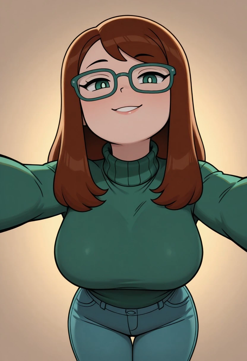 bettygrofILL, 1girl, solo, brown hair, glasses, long hair, green sweater, dot pupils, blue pants, turtleneck masterpiece, best quality, newest, absurdres, highres, amazing quality, 4k, good lighting, high resolution, dynamic angle, foreshortening, eyes half closed, seductive smile, glossy skin,,,