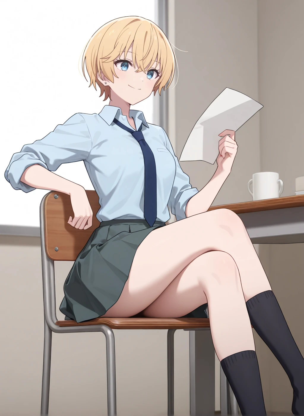 High quality,Ultra detailed,best quality,insanely detailed,beautiful,masterpiece,absurdres,very aesthetic,sensitive BREAK
<lora:usurai_mizuki_V1_IL:1>,(usurai mizuki, hana ha saku syura no gotoku, short hair, blonde hair, blue eyes),(school uniform,summer uniform, collared shirt, long sleeves, grey skirt, pleated skirt, blue shirt, sleeves rolled up,black socks, necktie, ),1girl,solo,smile,indoors,school,sitting_on_chair,crossed_legs,holding paper,posing,
