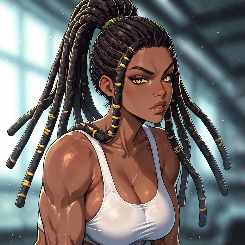 masterpiece, best quality, newest, absurdres, highres, FCMXV1.0, 1girl, DLPT-V1.0, dreadlocks, ponytail, tied hair,