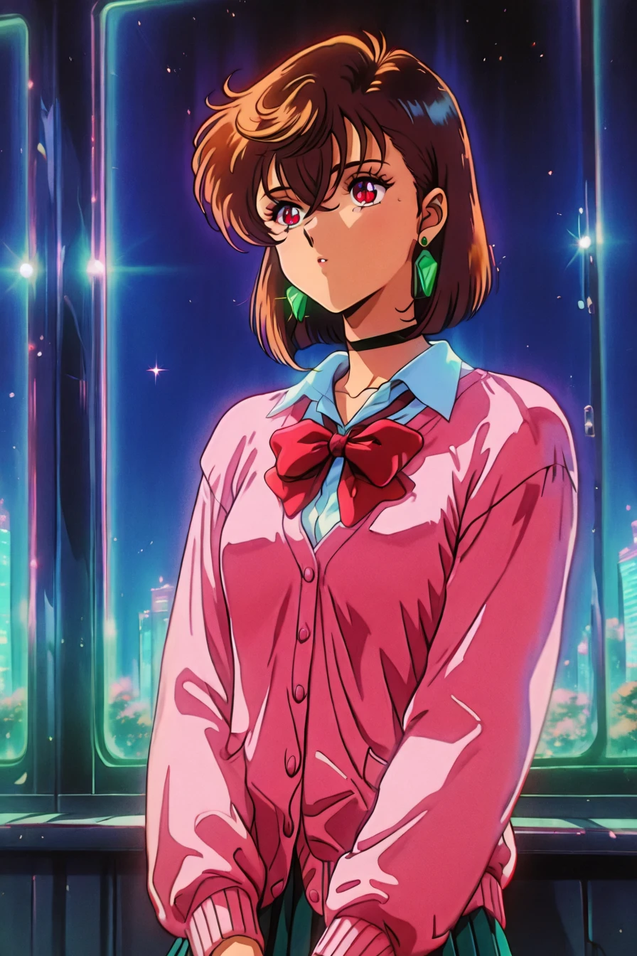 <lora:ayase_momo-koto-Illustrious v01:0.4> ayasemomo, hair between eyes, crossed bangs, green earrings, brown hair, red eyes, black choker, short hair, white shirt, red bowtie,pleated skirt,school uniform, pink cardigan, long sleeves, 1girl, solo, alone,,<lora:retro_celestial_scifi-000029:1>, retro_celestial_scifi, retro artstyle, masterpiece, highres