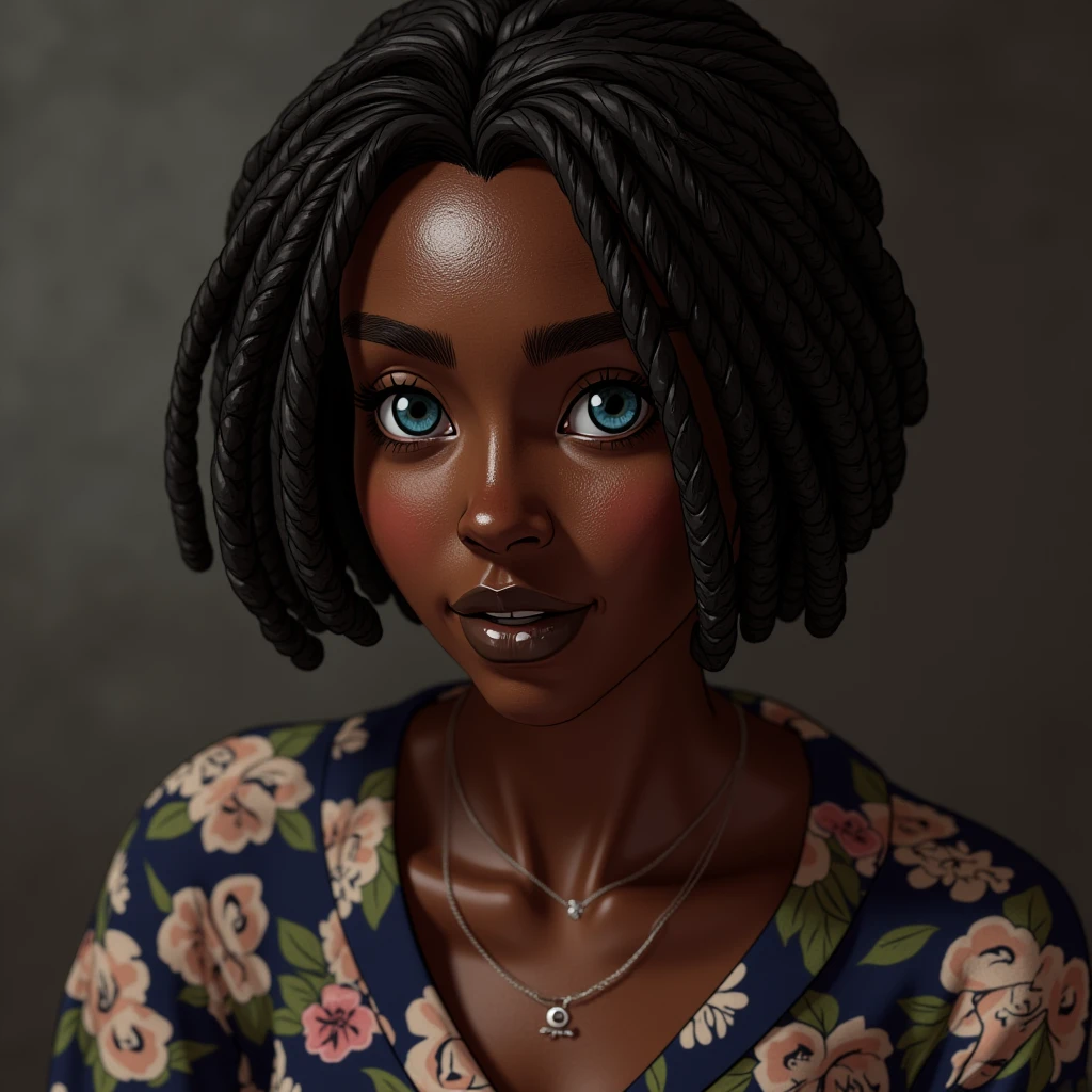 UHD, 4k, ultra detailed, cinematic, a photograph of  <lora:Tera_tyf v1:0.6> Realistic Tera_tyf dark skin braided short hair blue eyes
a woman with long black hair and a floral shirt, epic, beautiful lighting, inpsiring