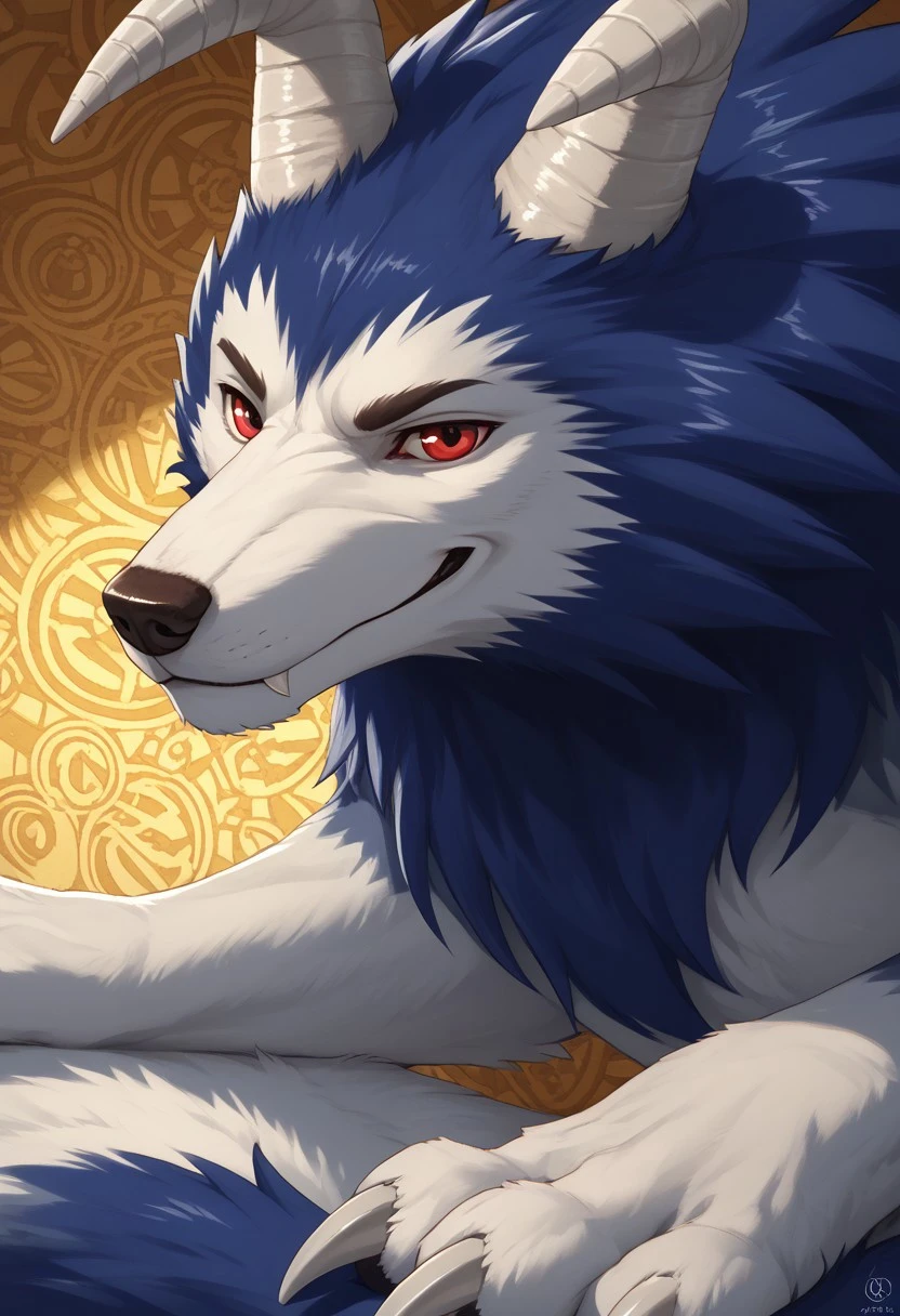 score_9, score_8_up, score_7_up, score_6_up, score_5_up, score_4_up, anthro, slight smile,seductive look,high detail, best quality ,detailed background, <lora:S1_Dramatic_Lighting_v2:0.3>, vibrant,masterpiece, (highres:1.3), ),((Detailed background ,mature male, ,detailed background, dynamic, immersive, intricate, , thick thighs, anthropomorphic wolf, beast-like creature, dark blue fur, white accents on face, chest, legs, and tail tip, sharp red eyes, thin angled eyebrows, wolf-like snout, black nose,, pointed ears, muscular body, sharp white claws, long bushy tail, curved gray horns,fur,,hairyfurry male, close up, red eyes, looking at viewer, side angle,only face,