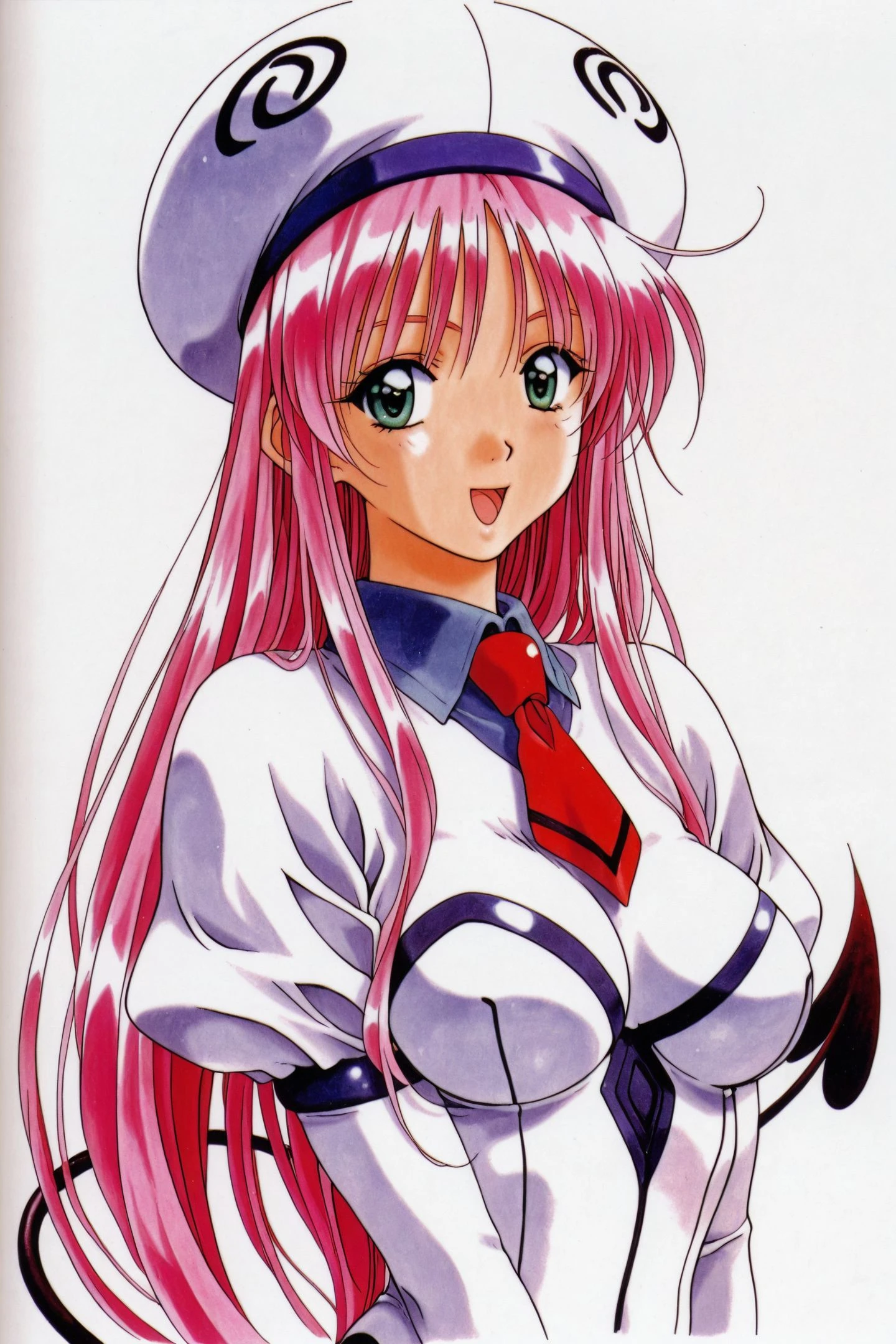 lala satalin deviluke,1girl,solo,long hair,green eyes,pink hair,tail,hat,white bodysuit,demon tail,leotard,open mouth,smile,upper body,traditional media,1990s \(style\),
<lora:Yabuki Kentarou_illustriousXL:0.4>,
<lora:Mizutani Tooru_illustriousXL:1>,